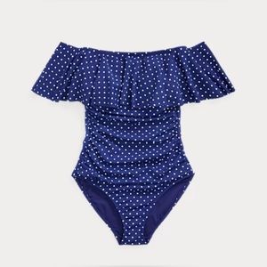 Lauren Ralph Lauren Polka-Dot Off-the-Shoulder One-Piece Sz  10 and 14 available